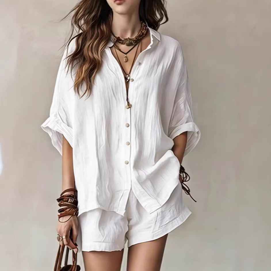 Solid color loose breasted shirt shorts casual set