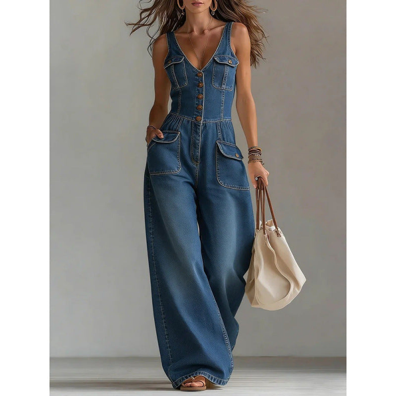 Washed Denim Straight Loose Sleeveless Strap Jumpsuit eprolo