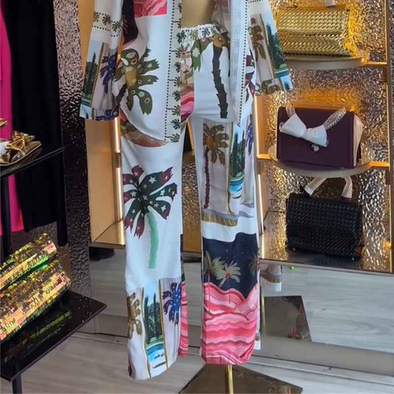 Printed long sleeved shirt, bra, suspender, wide leg pants, three piece set