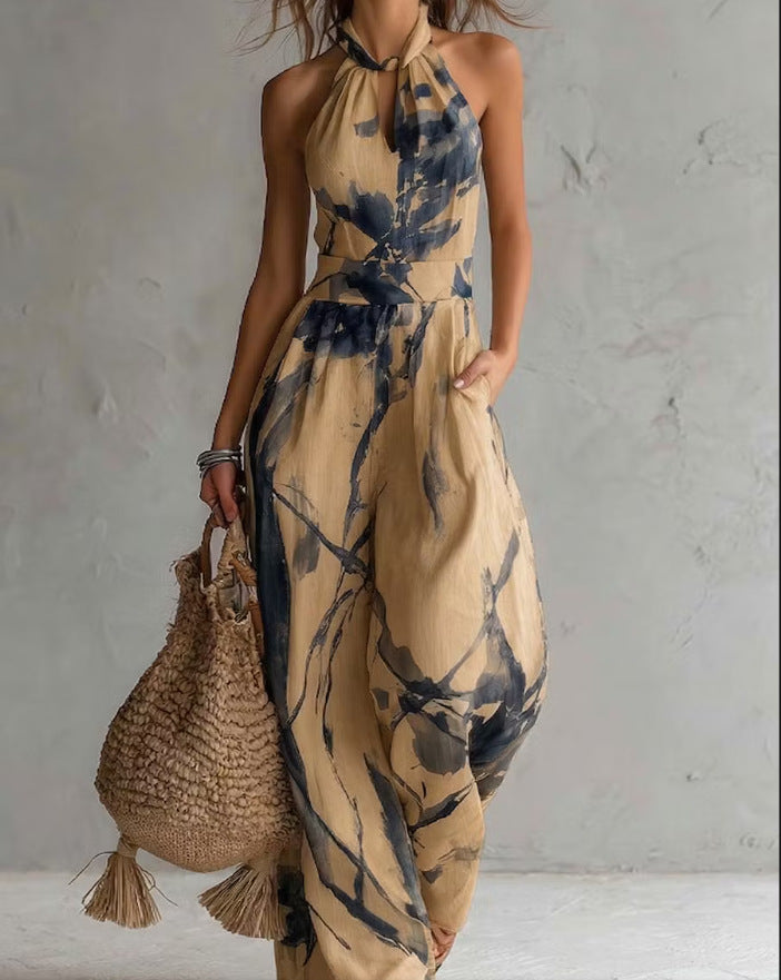 New halter backless jumpsuit, blue and white tie-dye wide-leg pants, summer beach women's wear eprolo