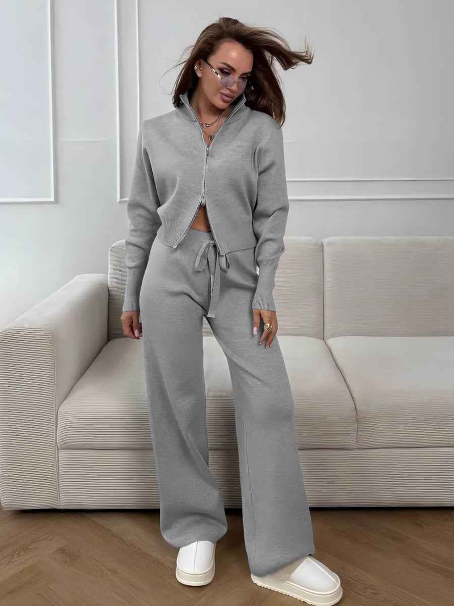 Double zipper knitted slim sweater set