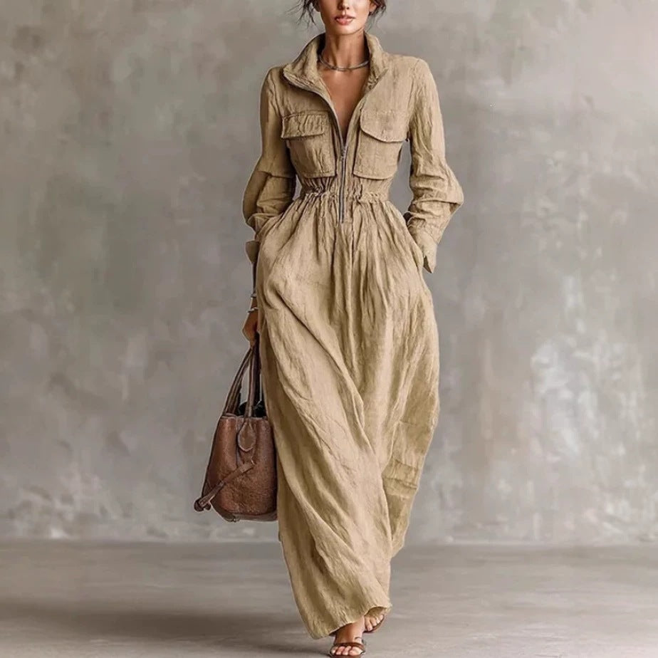Women's Zipper Collar Elastic Waist Long Dress