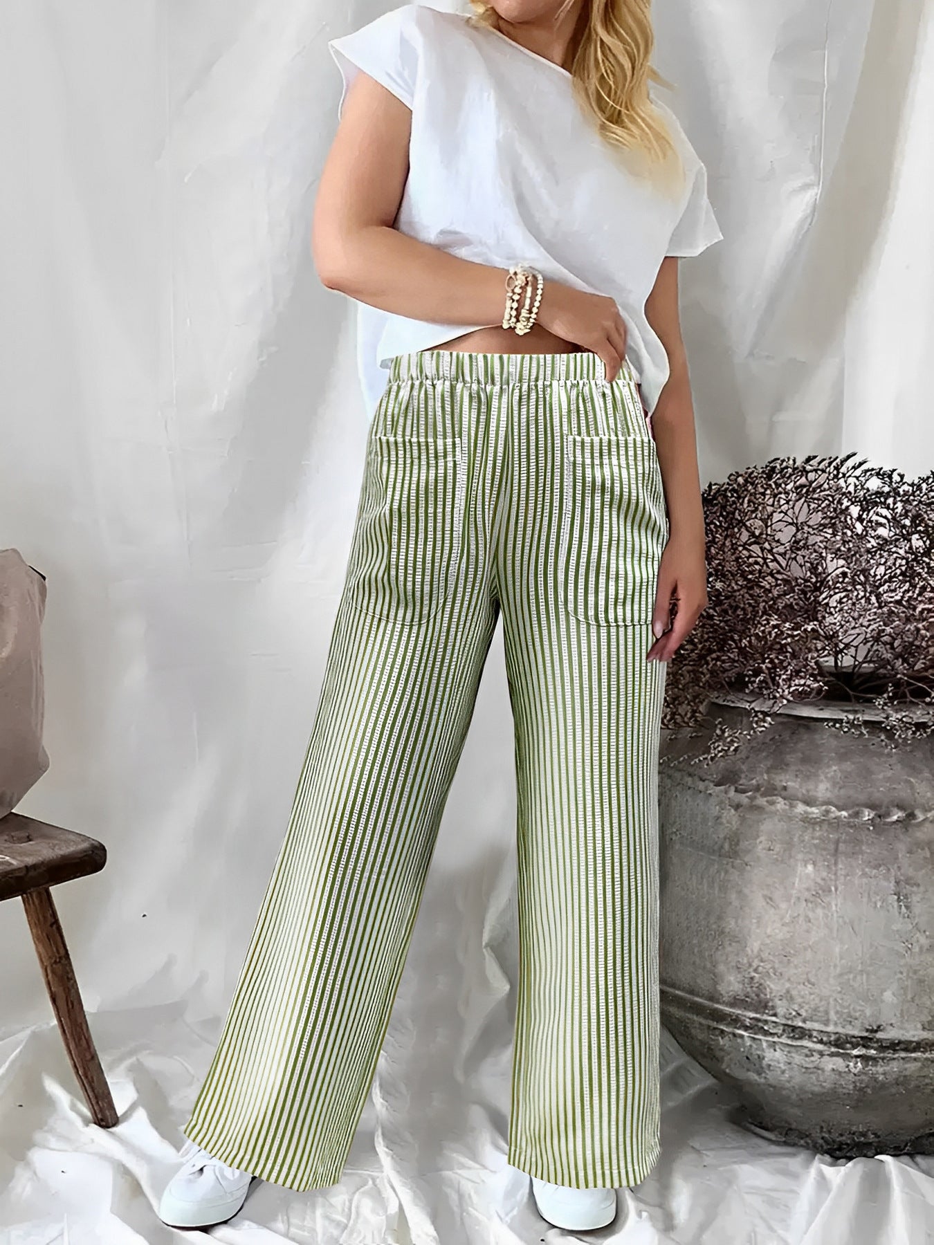 Fall Winter New Women's Loose Striped Pocket Fashion Casual Wide Leg Pants