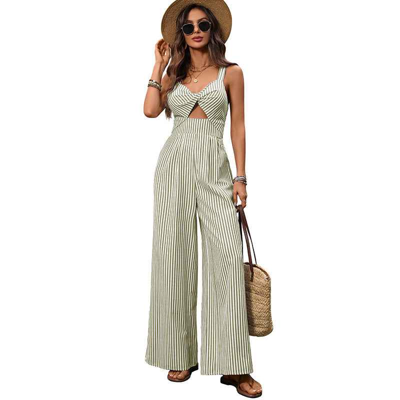 Striped Hollow-Out Knotted Backless Jumpsuit