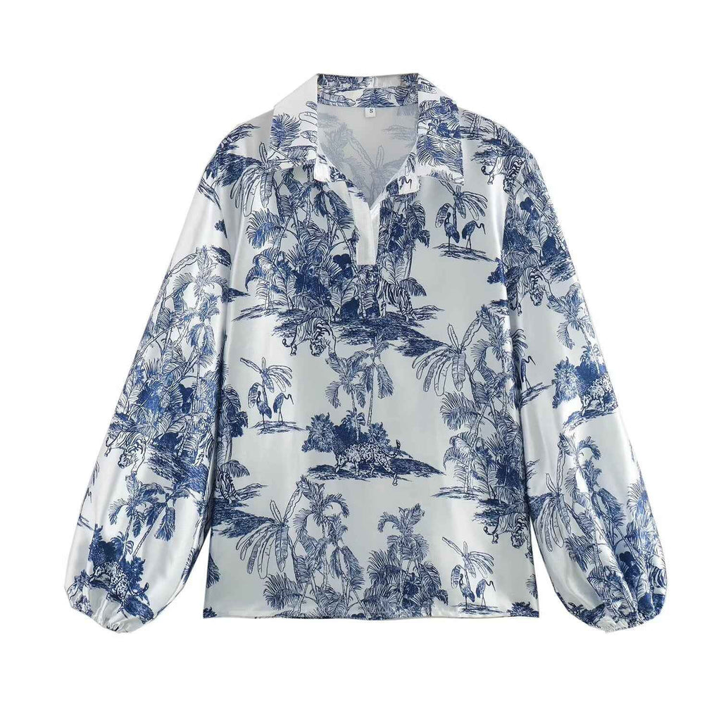 Blue and white printed tree shirt+printed two-piece casual pants set for women
