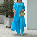 Cotton Linen Long Sleeve Irregular Hem Loose Fit Women's Two-Piece Set Top &amp; Wide-Leg Pants