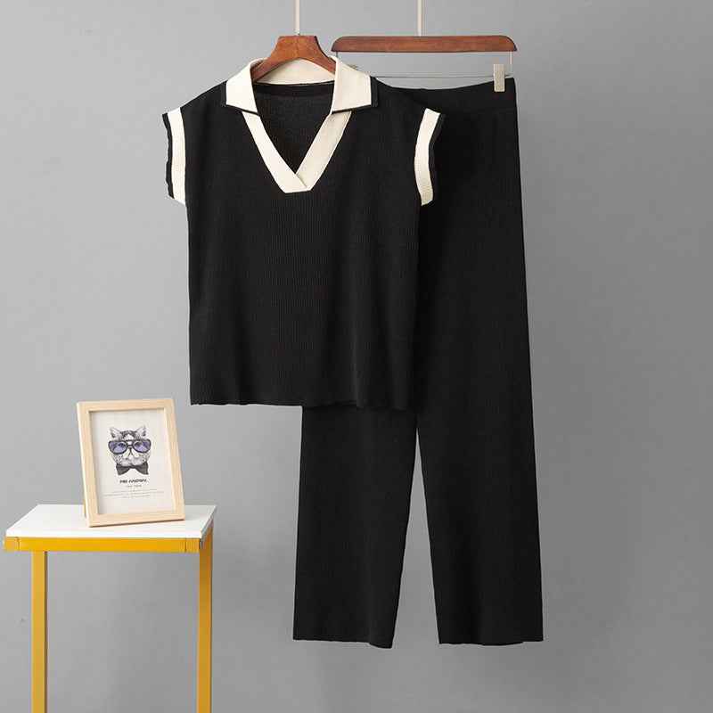 Solid Color Loose Sleeveless Knit Top + Sporty Fitted Wide-Leg Pants Two-Piece Set for Women