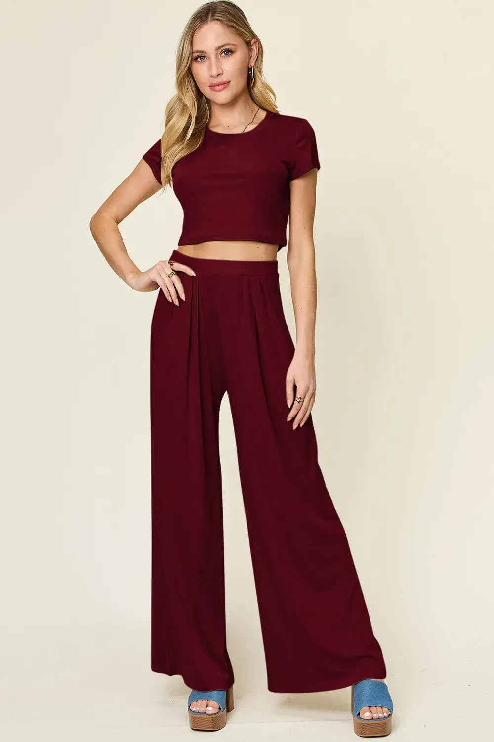 Double Take Full Size Round Neck Top and Pants Set.