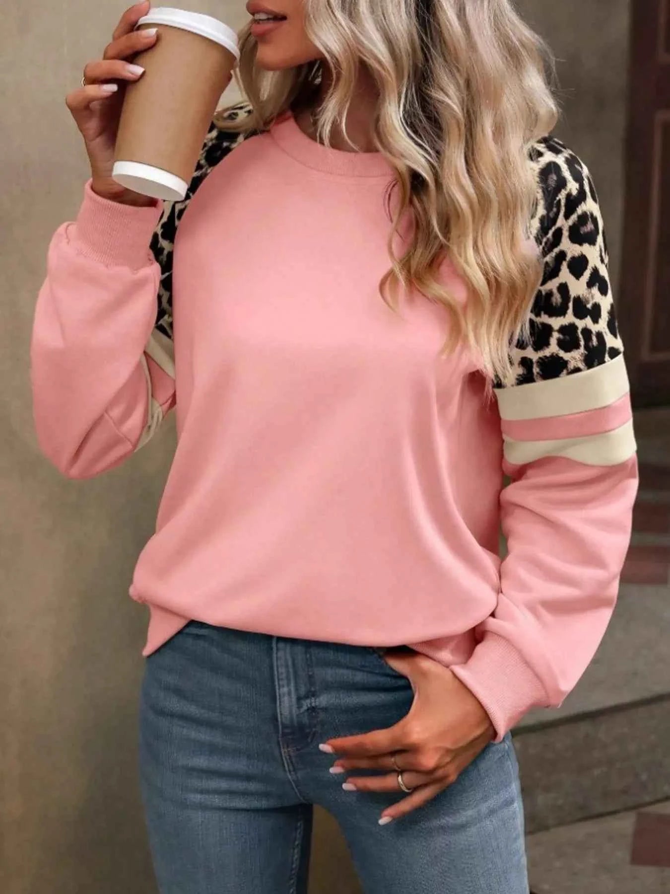 Leopard Round Neck Raglan Sleeve Sweatshirt.