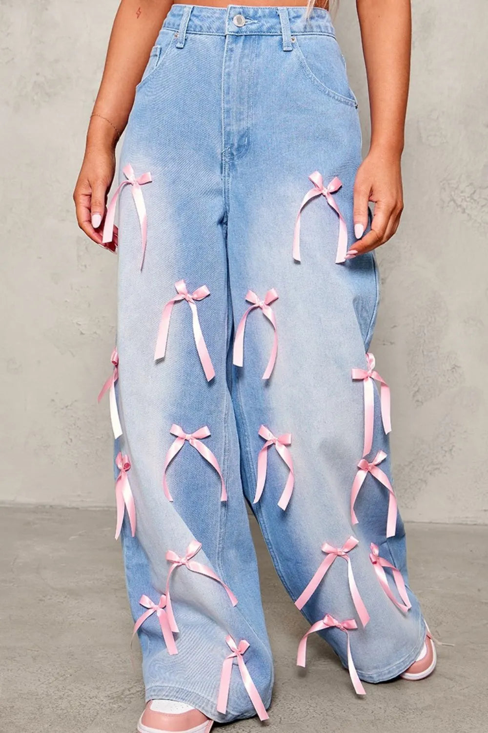 Bow Decorated Wide Leg Denim Jeans.