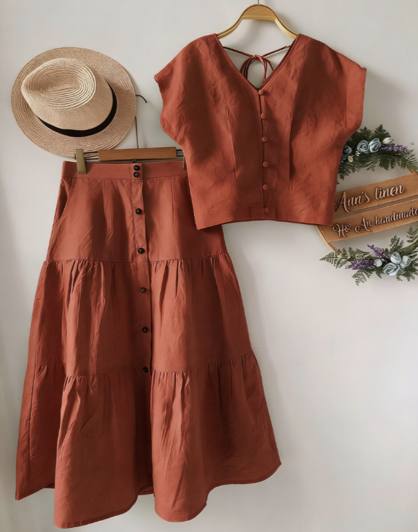 V-neck Button-down Sleeveless Top And High-waisted Skirt Set For Women