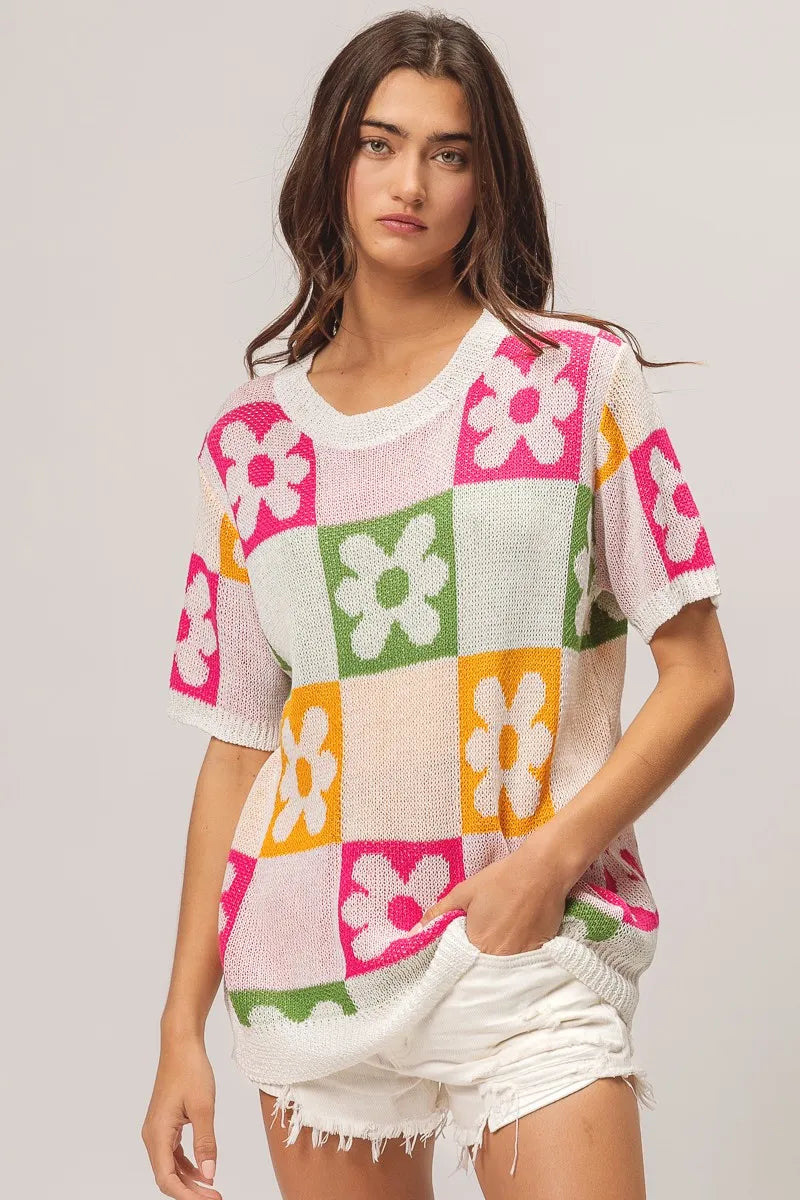 Flower Checker Pattern Lightweight Sweater Top.