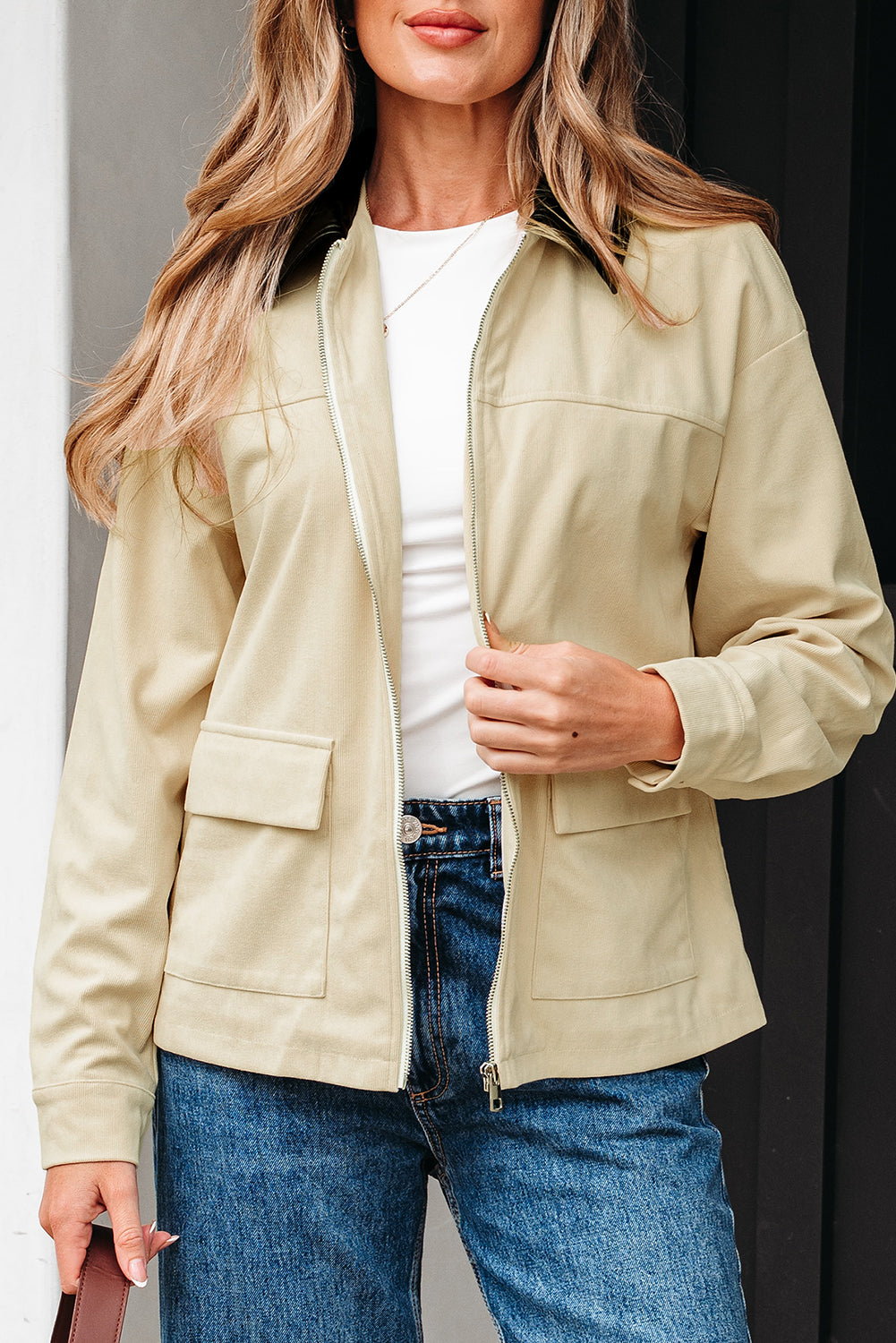 Parchment Contrast Leather Collar Textured Zip Up Jacket Dear-Lover Dropshipping
