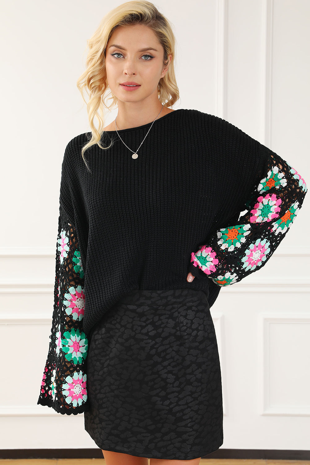 Black Floral Crochet Bell Sleeve Loose Sweater Dear-Lover Dropshipping