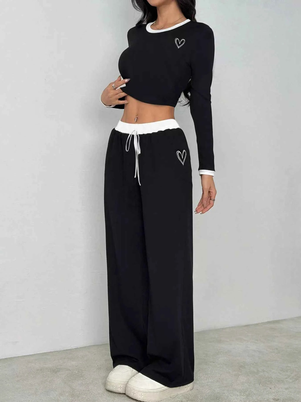 Contrast Trim Crop Top and Wide Leg Pants Set