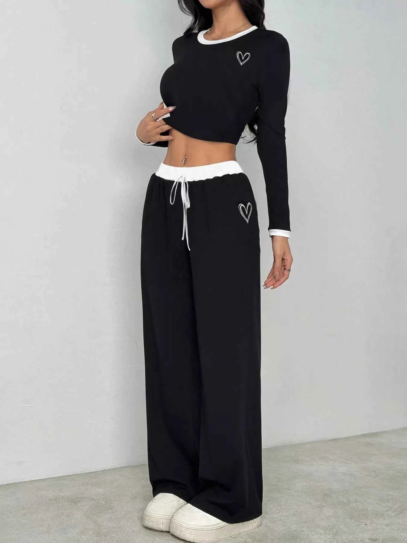 Contrast Trim Crop Top and Wide Leg Pants Set