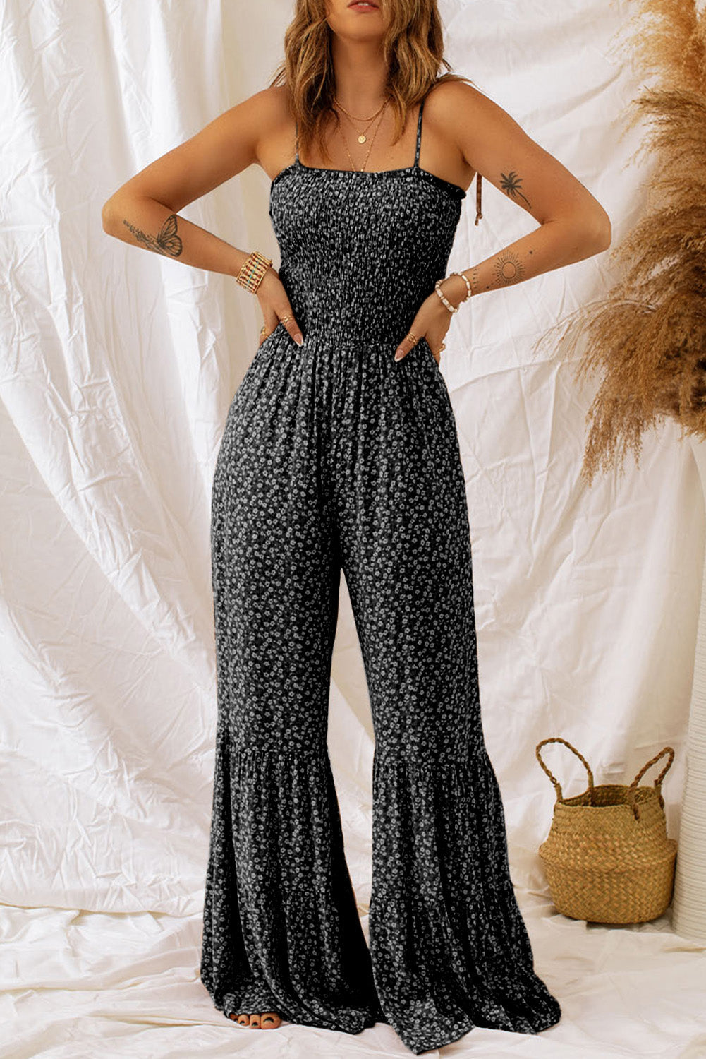 Black Thin Straps Smocked Bodice Wide Leg Floral Jumpsuit Dear-Lover Dropshipping