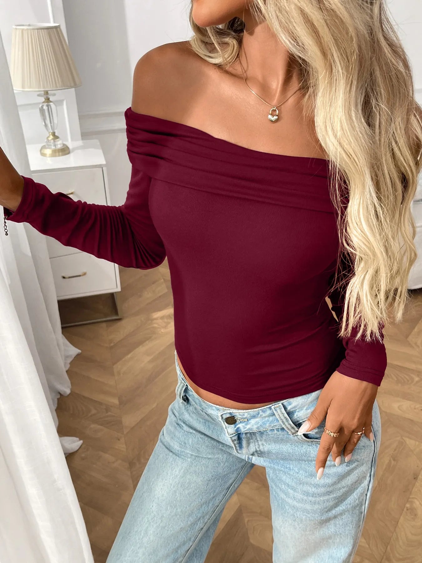 Off-Shoulder Long Sleeve Fitted T-Shirt.