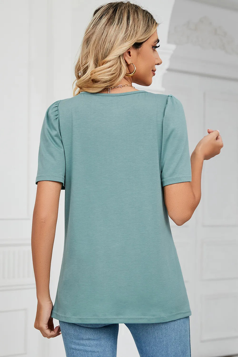 Square Neck Short Sleeve women T-Shirt.