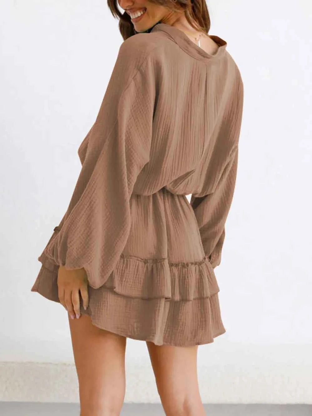 Ruffled Notched Balloon Sleeve Mini Dress.
