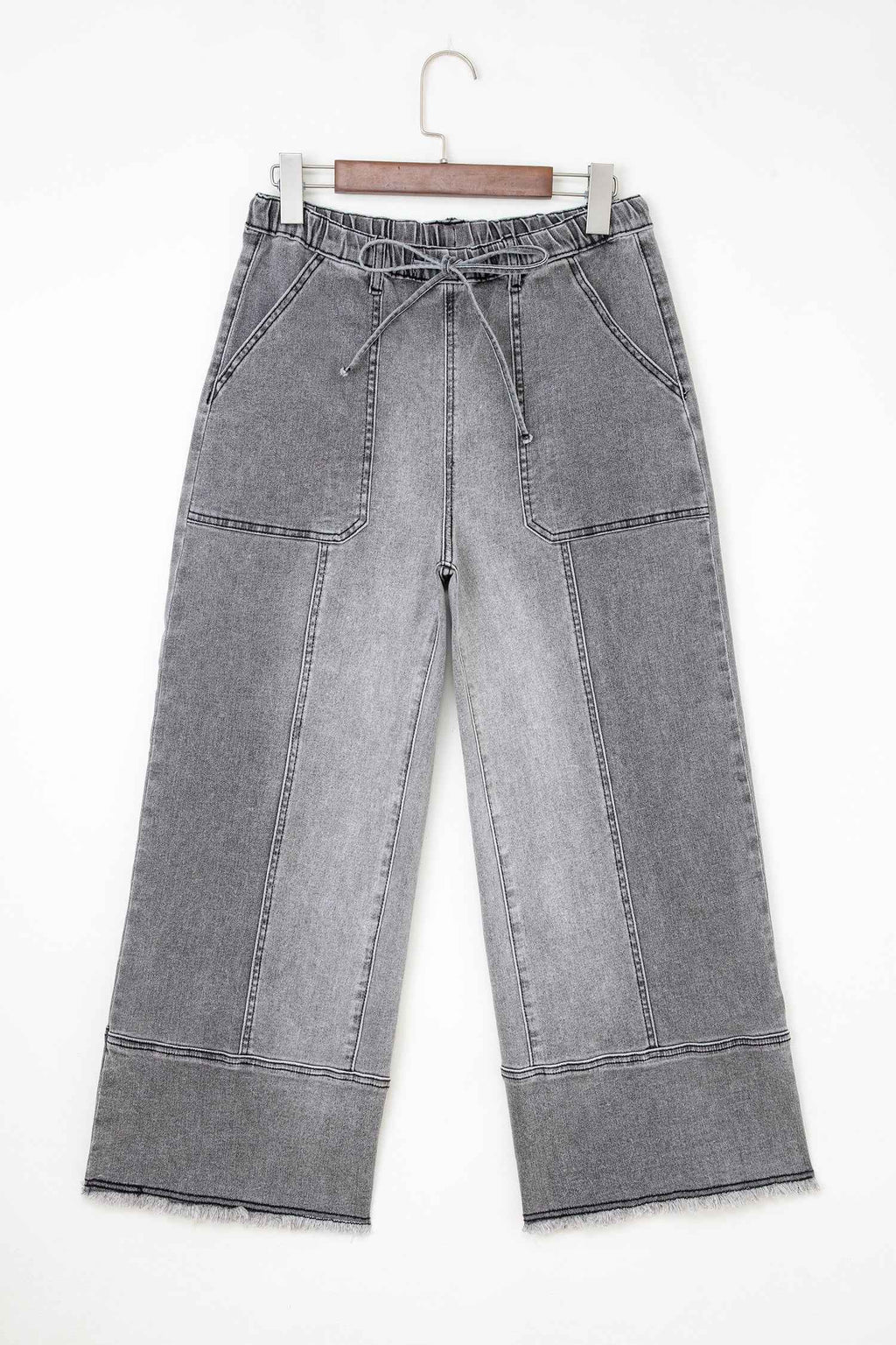 Gray Drawstring Seam Detail Raw Hem Wide Leg Denim Pants