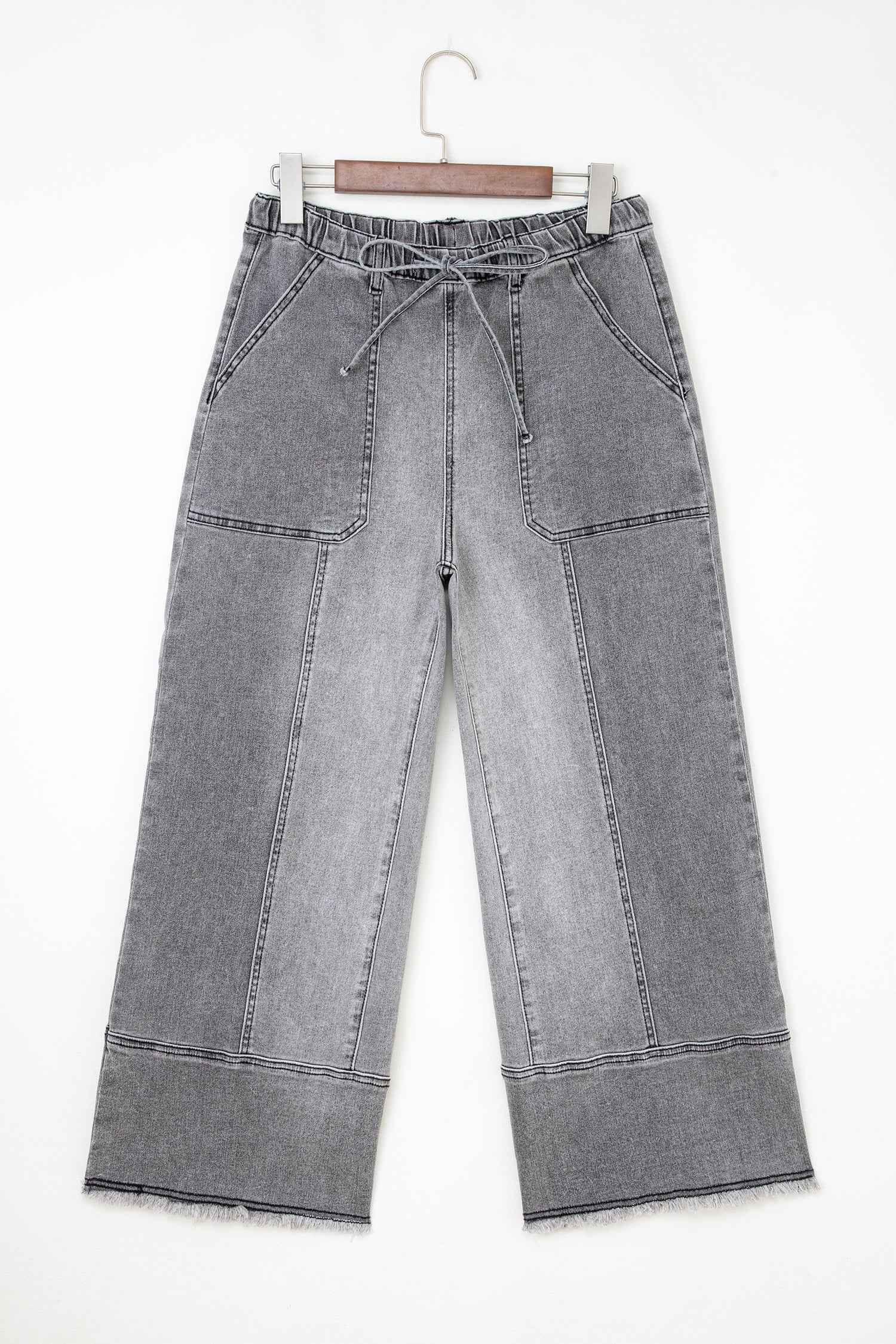 Gray Drawstring Seam Detail Raw Hem Wide Leg Denim Pants