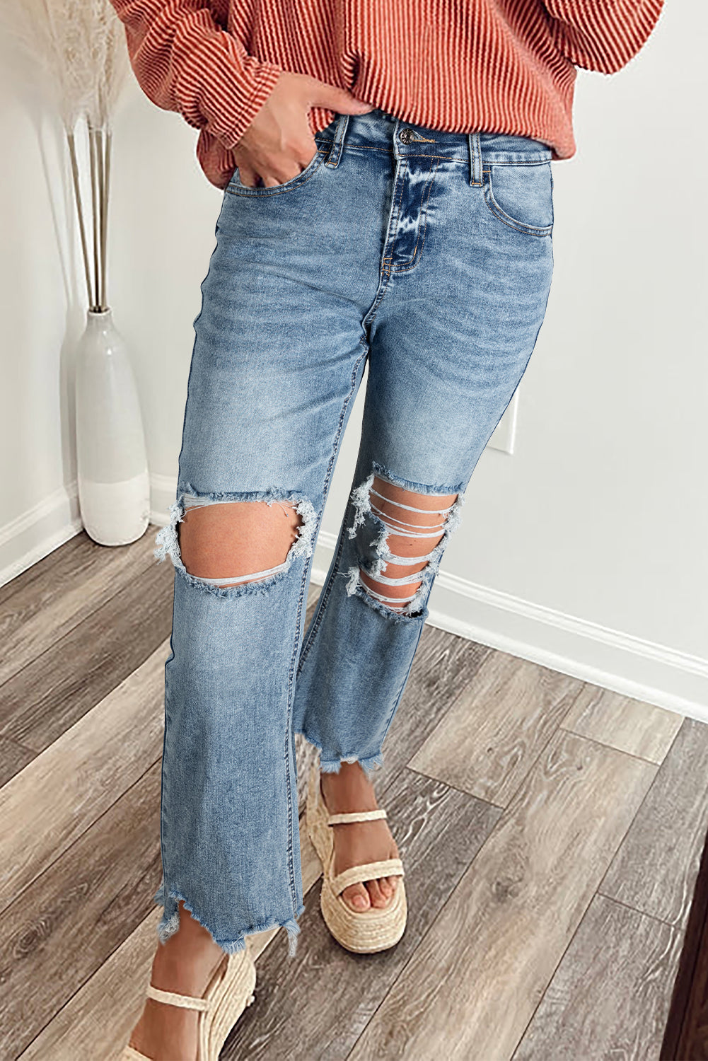 Myosotis Raw Hem Ripped Open Knee Fit Flare Jeans Dear-Lover Dropshipping
