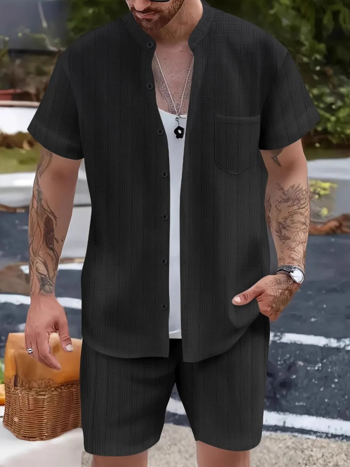 Men's Button Up Short Sleeve Shirt and Shorts Set.