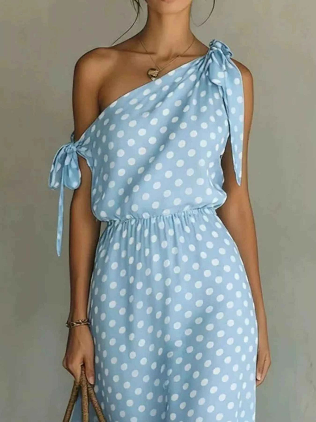 Full Size Polka Dot One-Shoulder Maxi Dress with Tie Details Plus Size