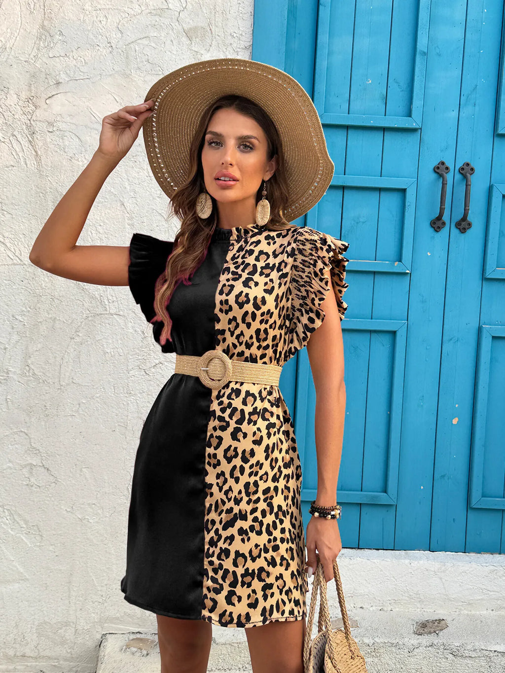 Leopard Color Block Ruffle Sleeve Dress.