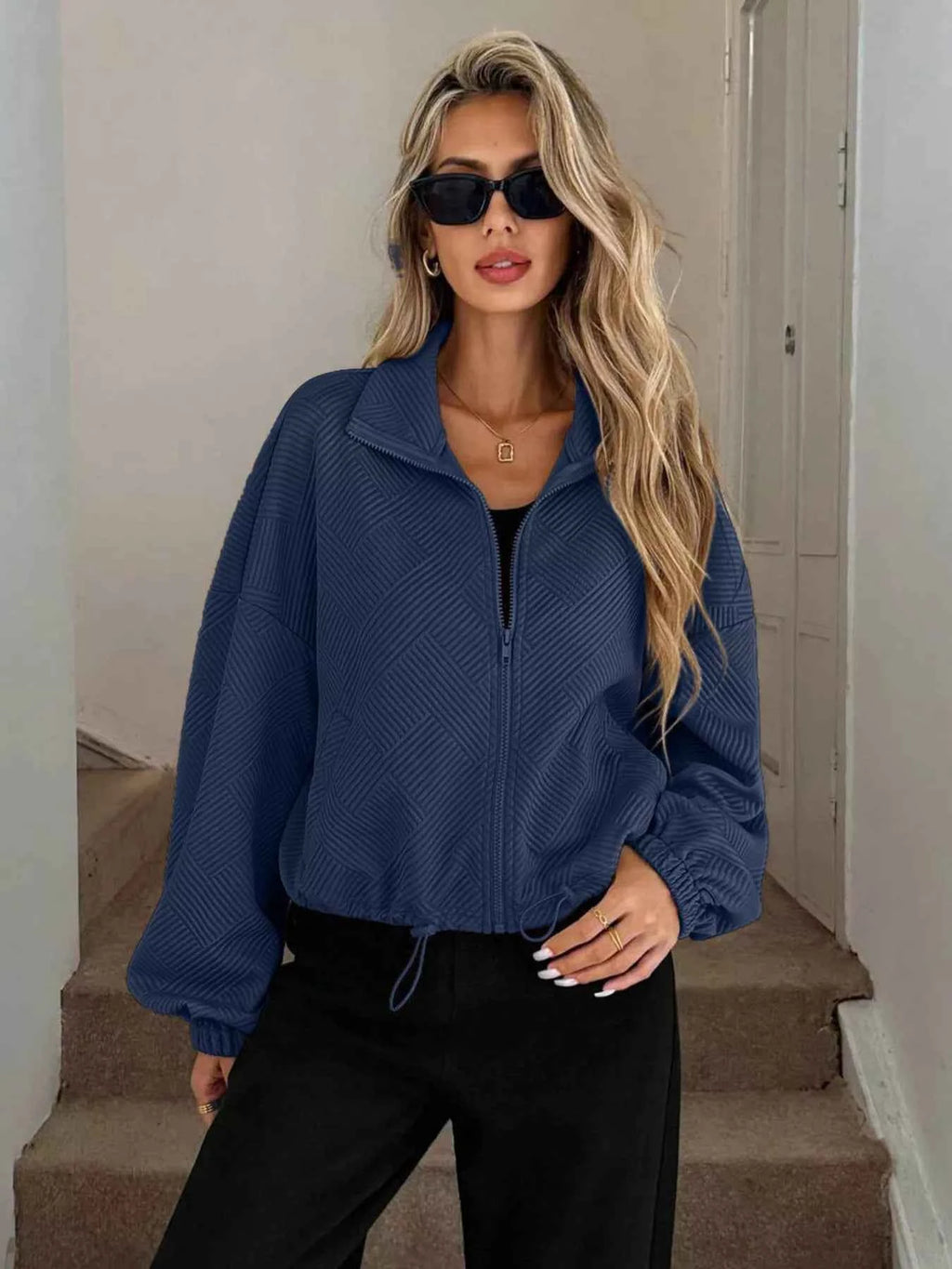 Drawstring Hem Textured Long Sleeve Jacket