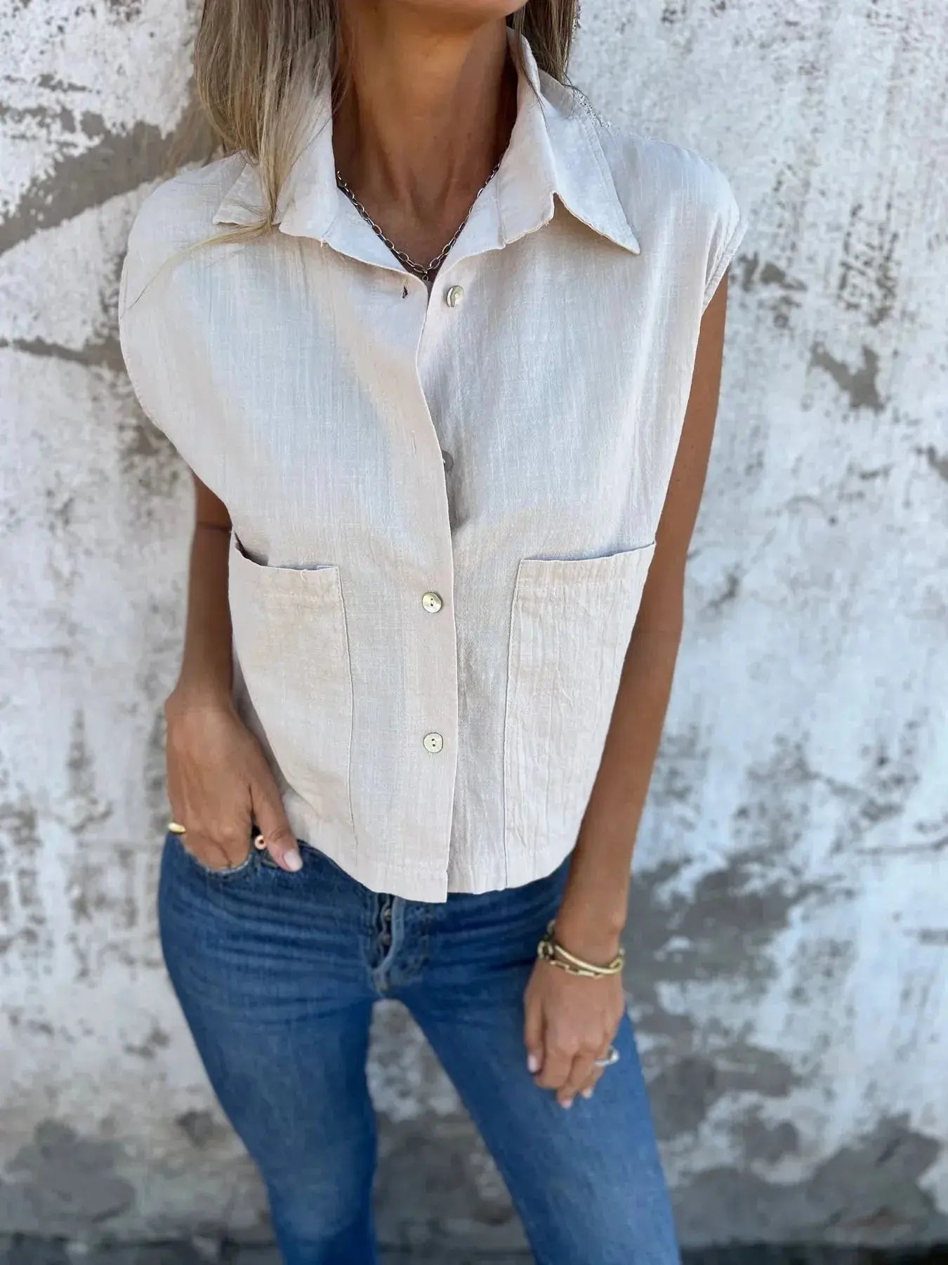 Full Size Textured Button-Front Sleeveless Shirt Plus Size.