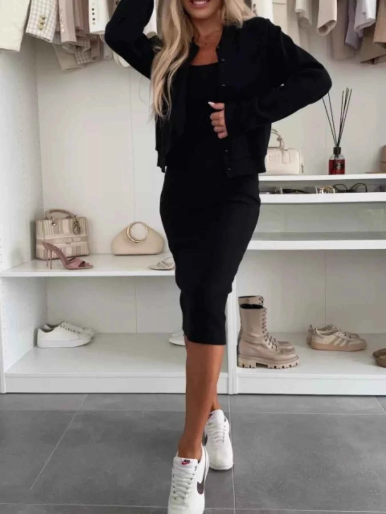 Full Size Slit Square Neck Dress and Outerwear Set Plus Size