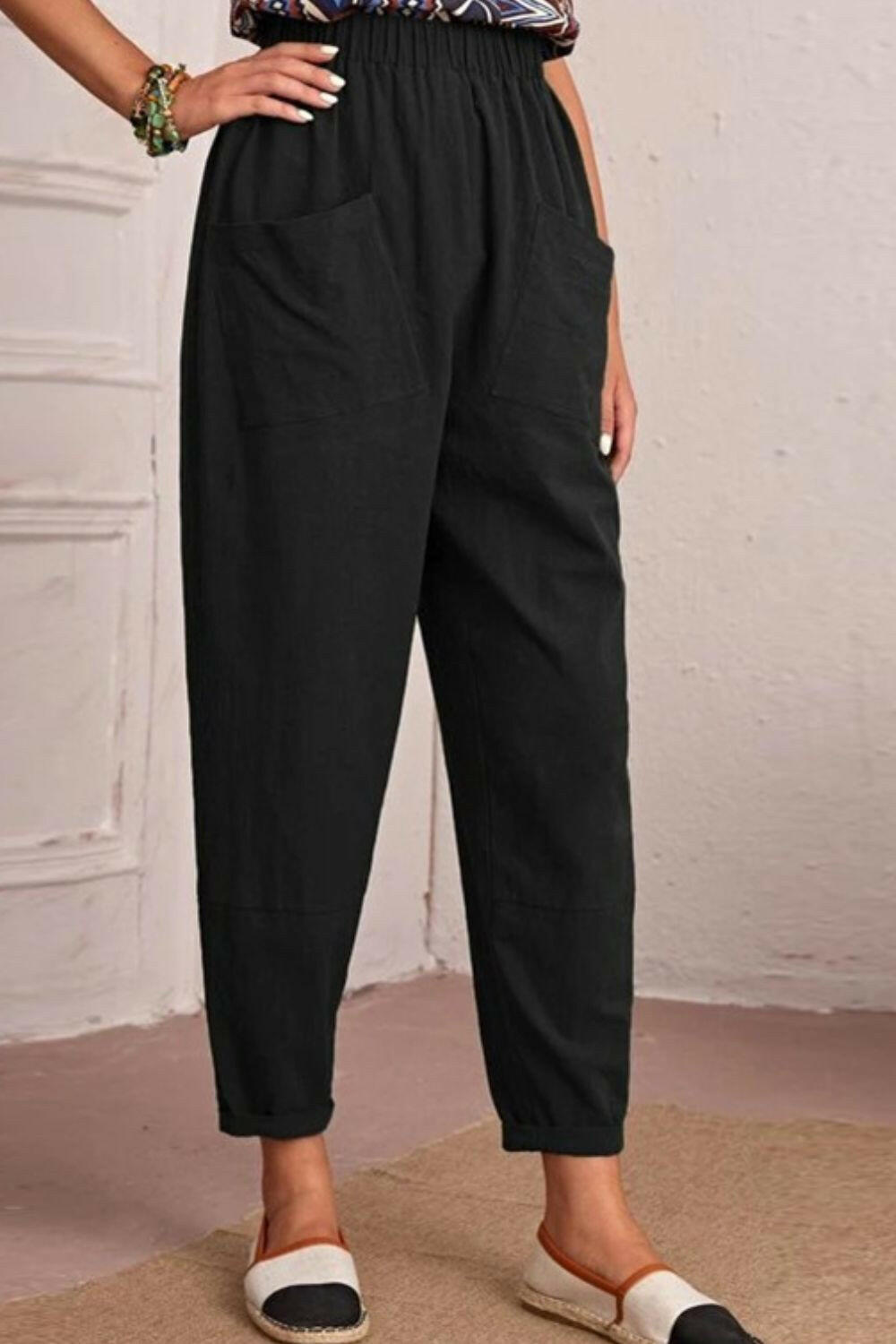 Elastic Waist Pocket Tapered Pants.