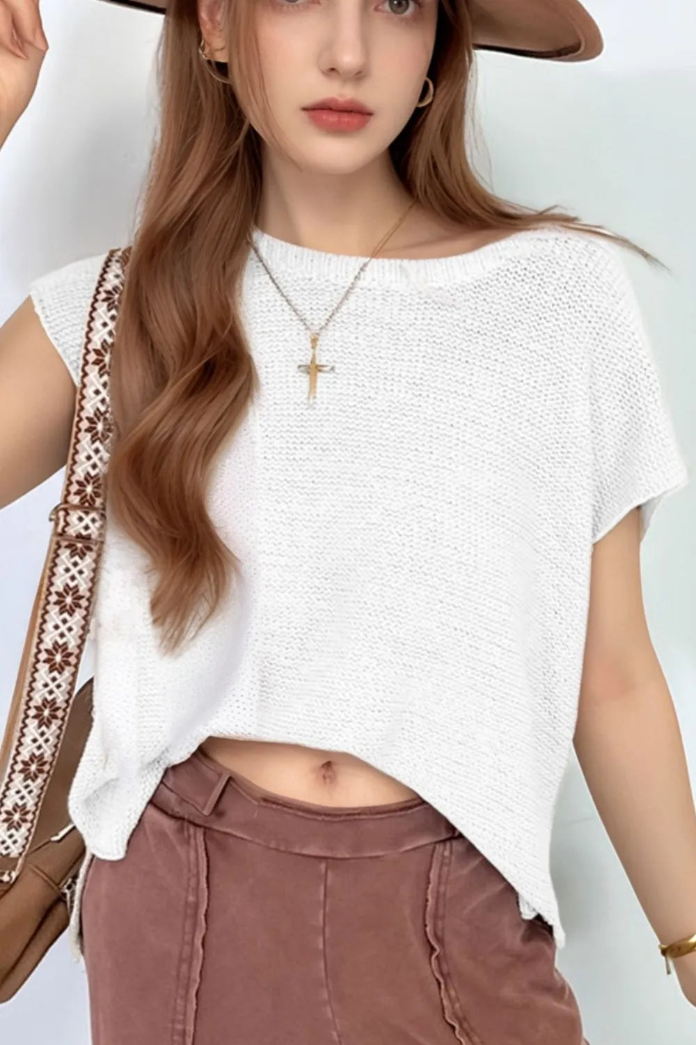 Side Slit Round Neck Knit Top.
