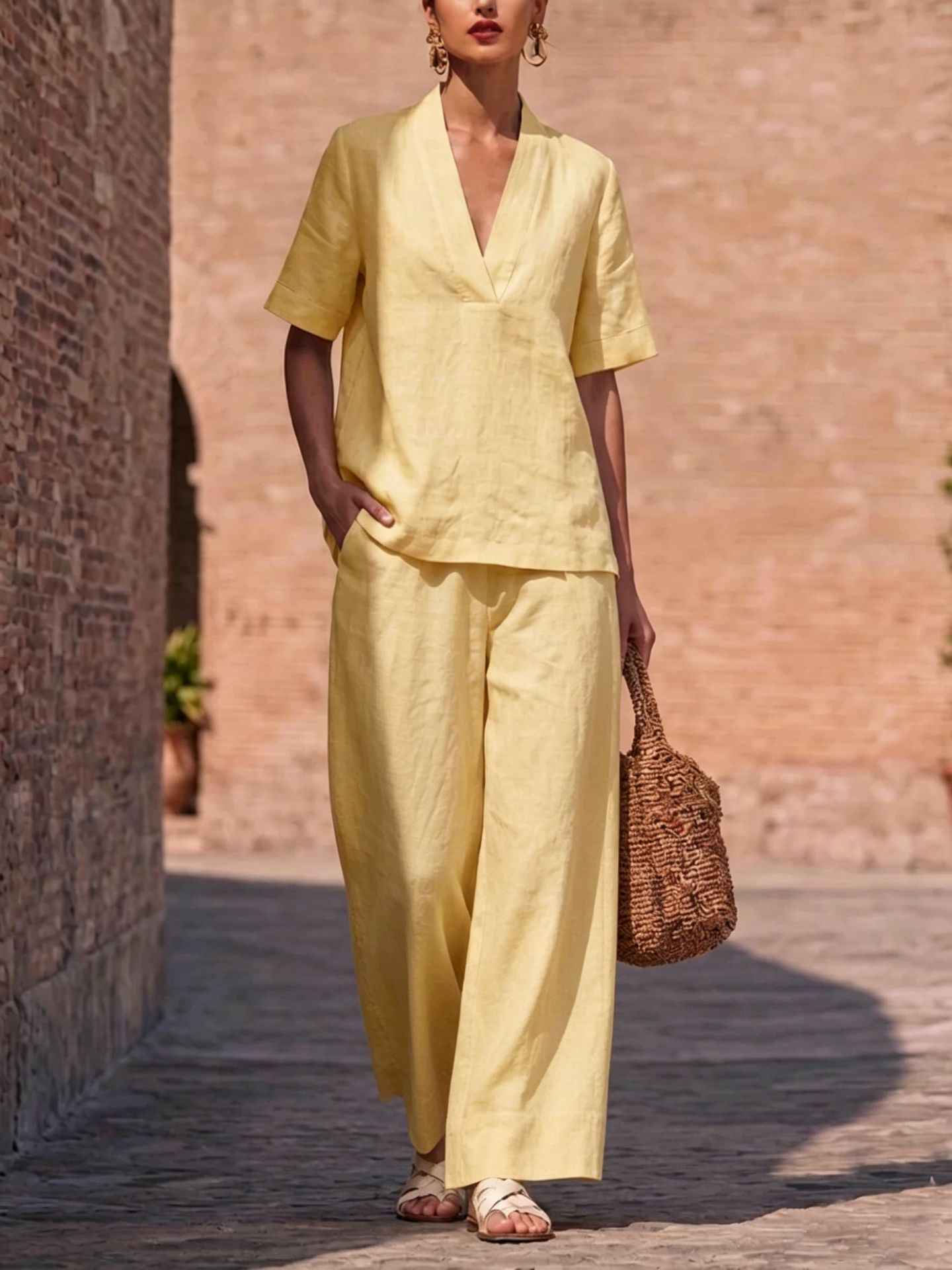 Womens Casual Solid-color V-neck Short-sleeve Long-pants Set
