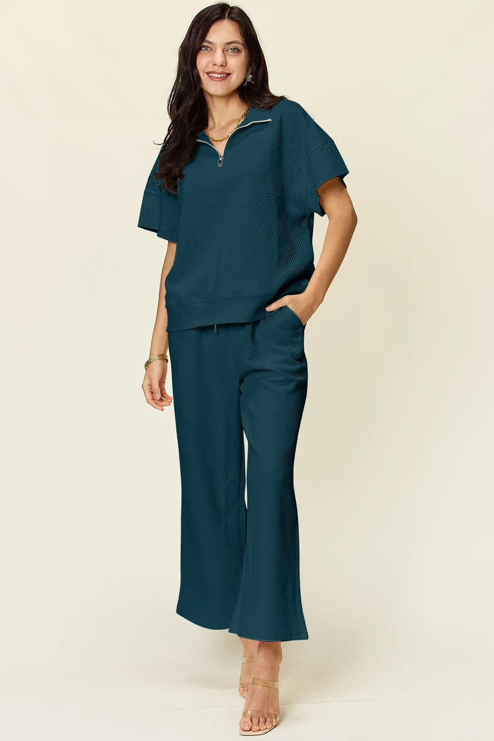 Double Take Full Size Texture Half Zip Short Sleeve Top and Pants Set - CHIC TB