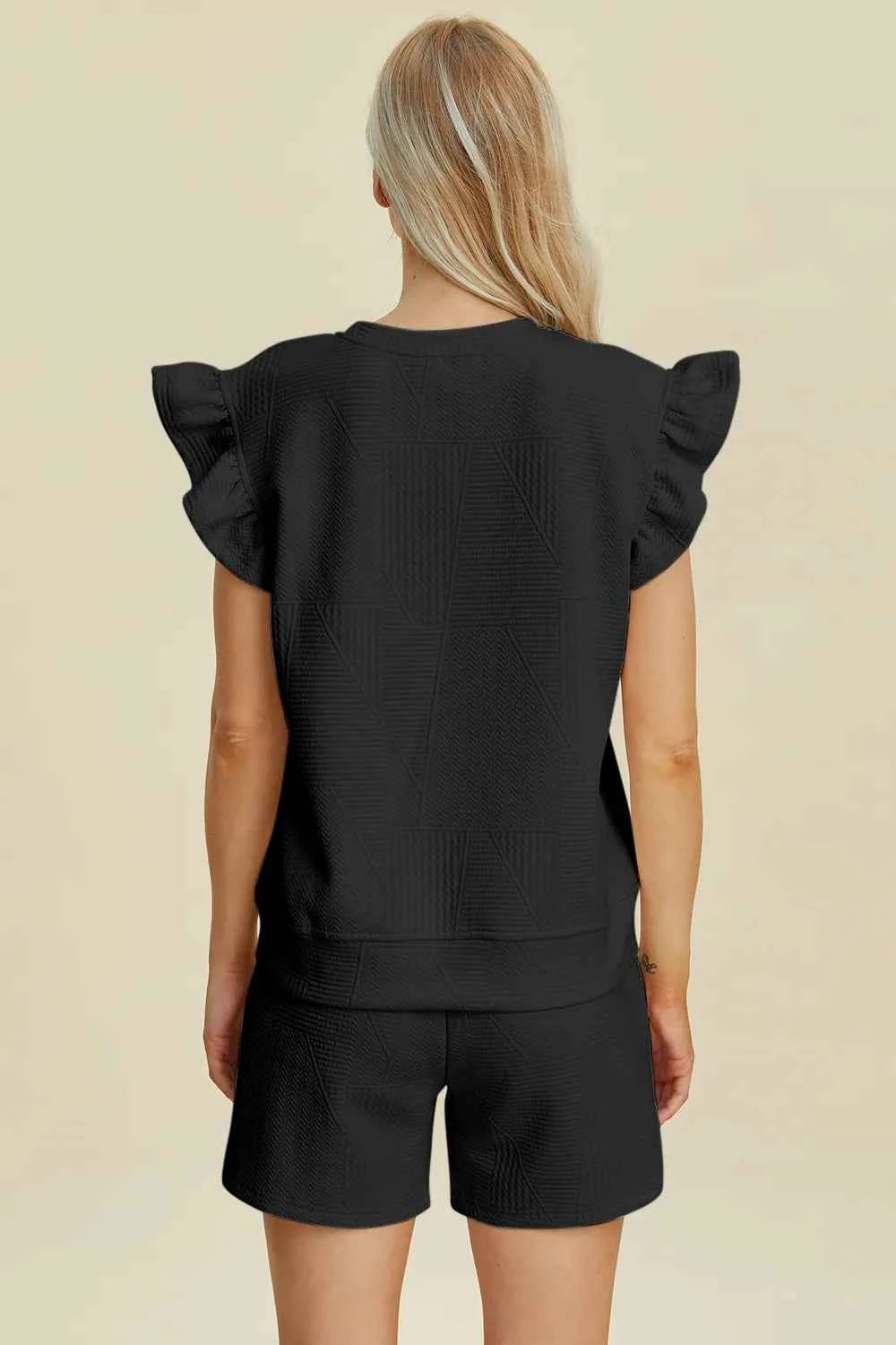 Round Neck Ruffle Sleeve Top and Shorts Set