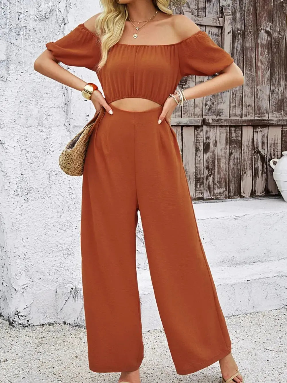 Devine Cutout Off Shoulder Wide Leg Jumpsuit.