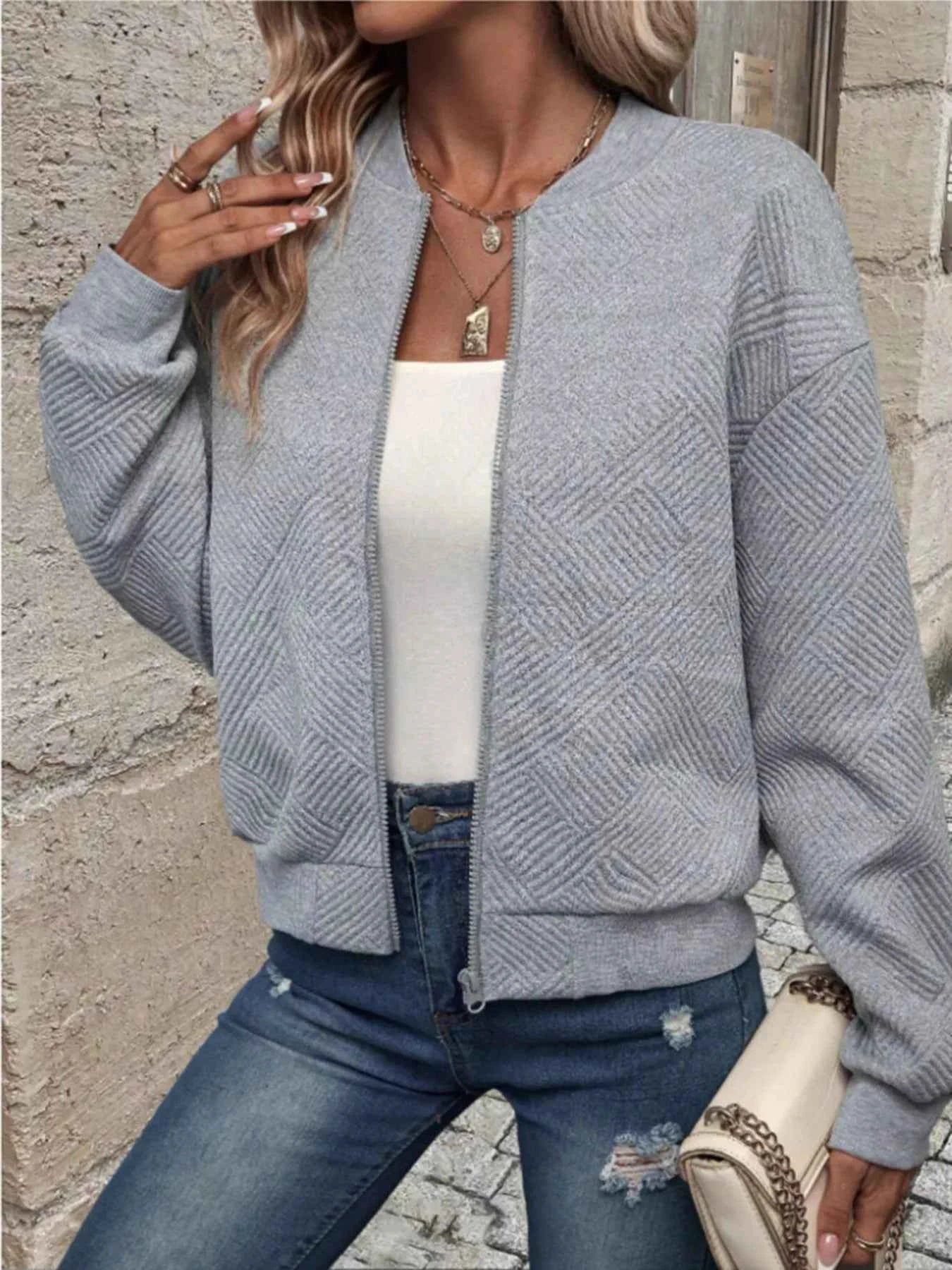 Textured Knit Zip-Up Bomber Jacket