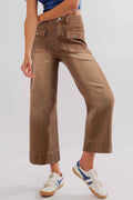 Brown Flap Pockets Front Straight Cropped Jeans