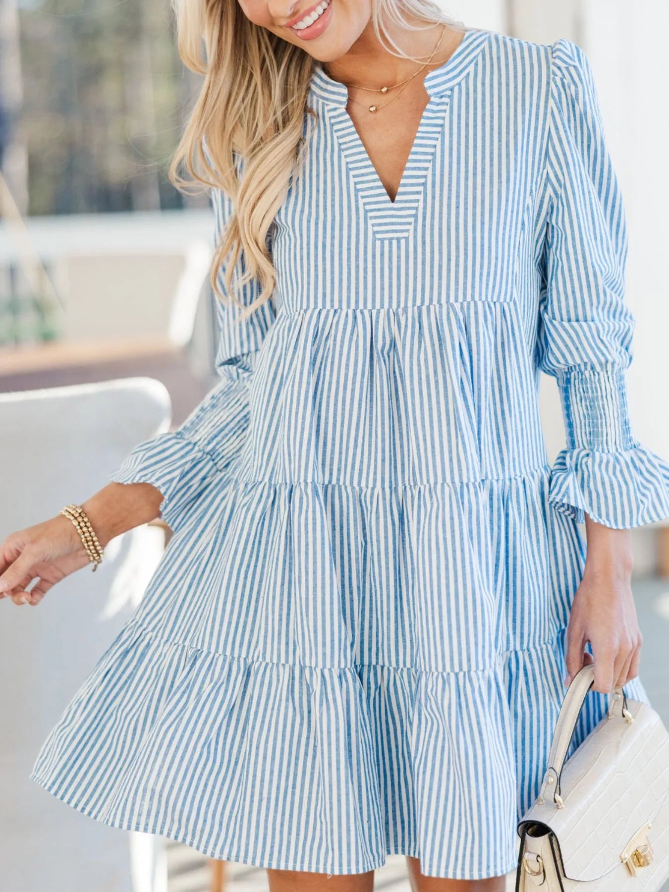 Striped Tiered Flounce Sleeve Shirt Dress.