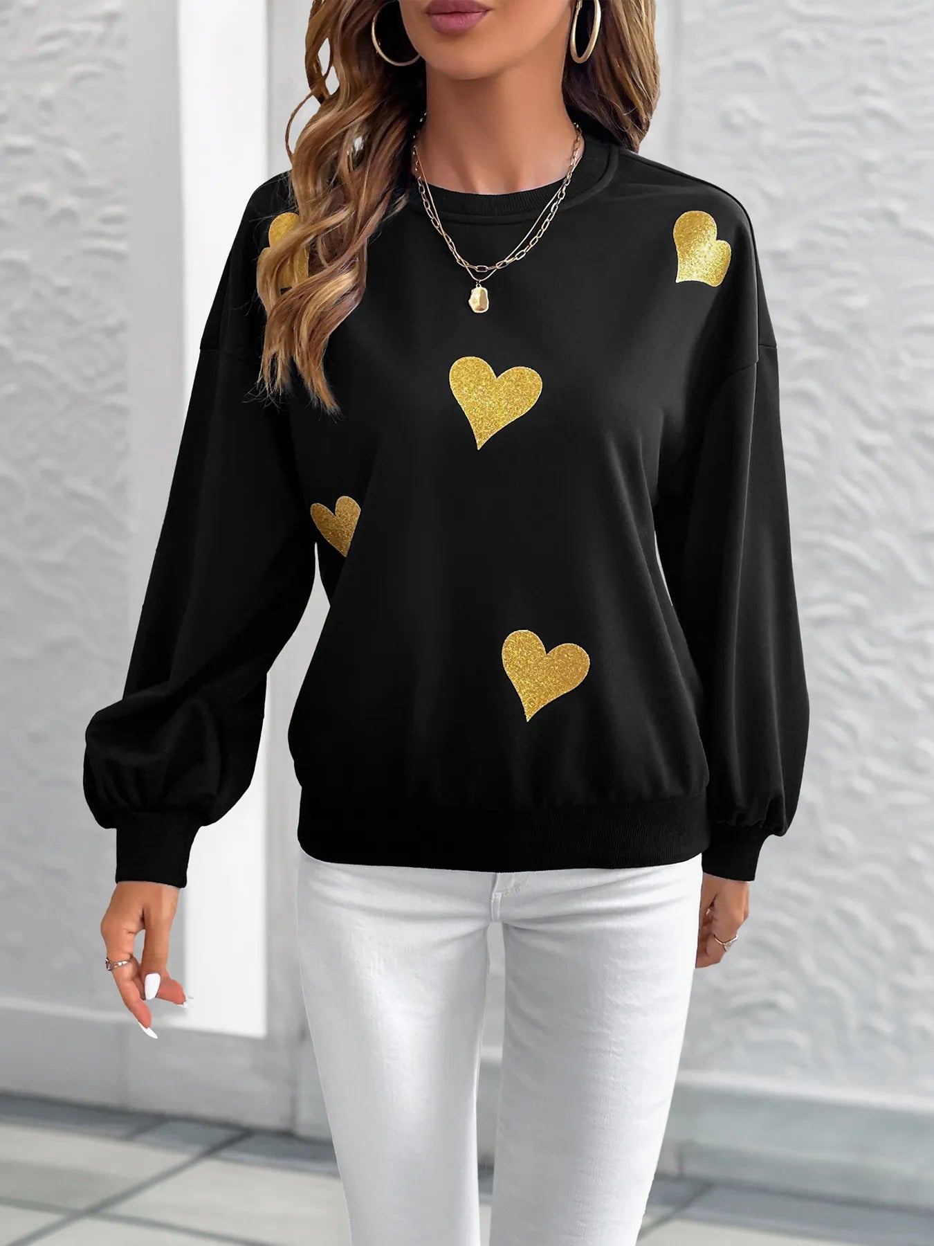Heart Print Long Sleeve Sweatshirt.