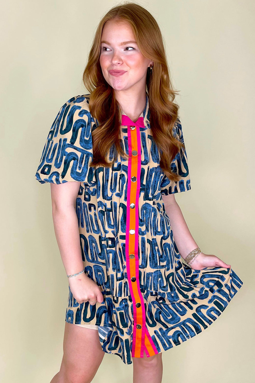 Beige Abstract Print Bubble Sleeve Button up Mini Dress Dear-Lover Dropshipping