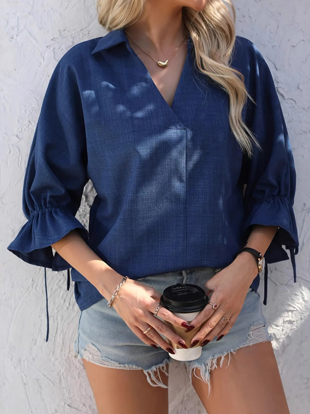 V-Neck Ruffle Sleeve Blouse.