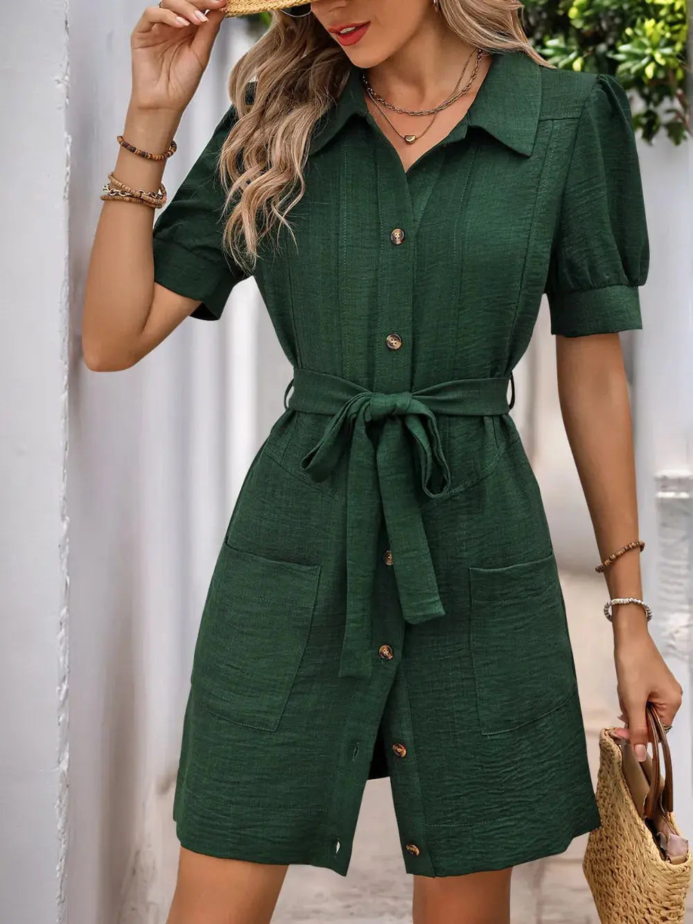 Perfee Tie Waist Button Down Short Sleeve Mini Dress.
