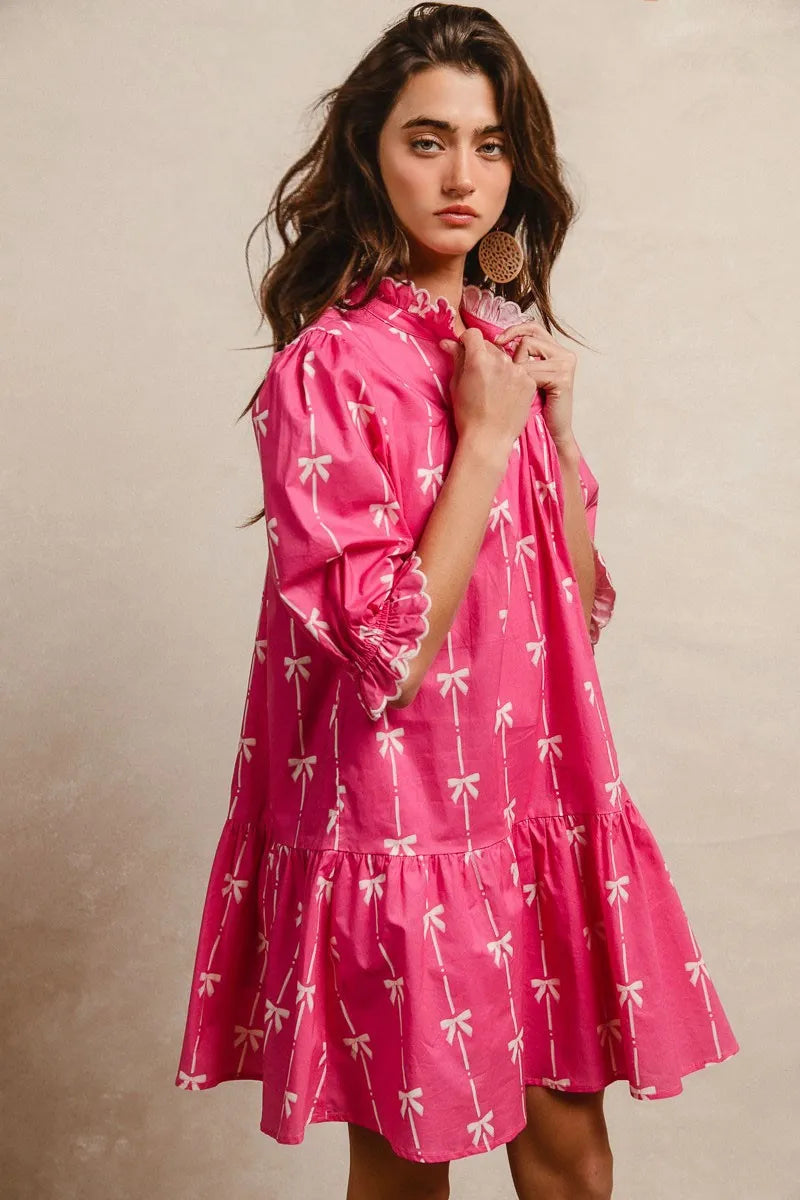 BiBi Ribbon Patterns With Scallops Edge Details Short Sleeve Dress.