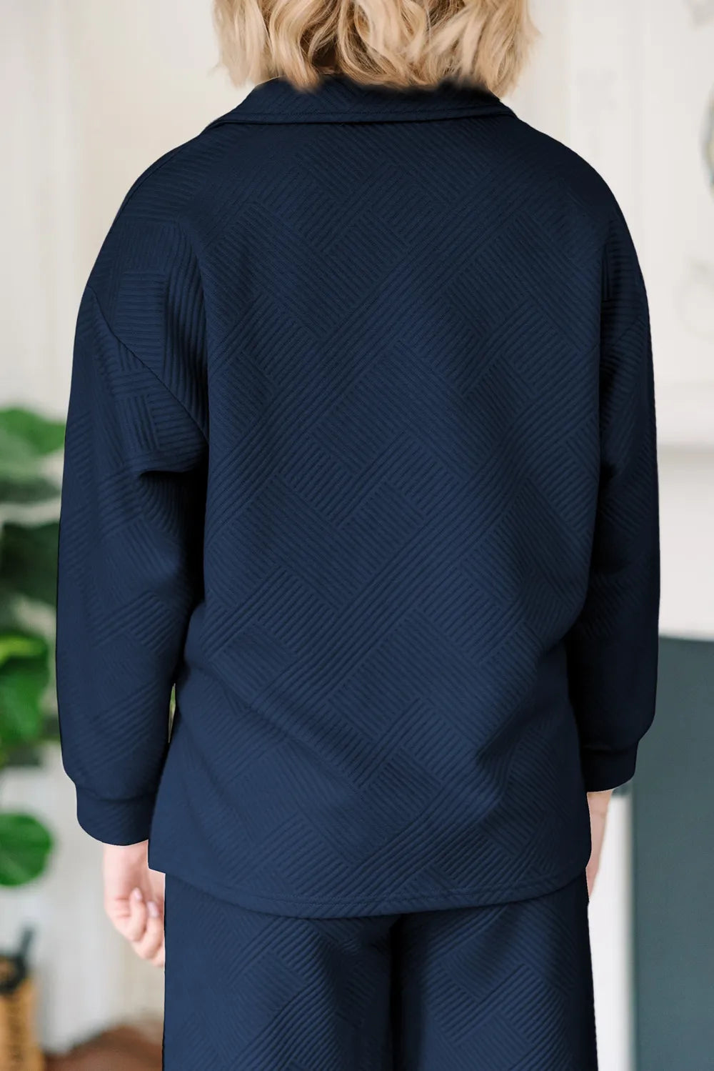 Textured Collared Neck Top and Wide Leg Pants Set.