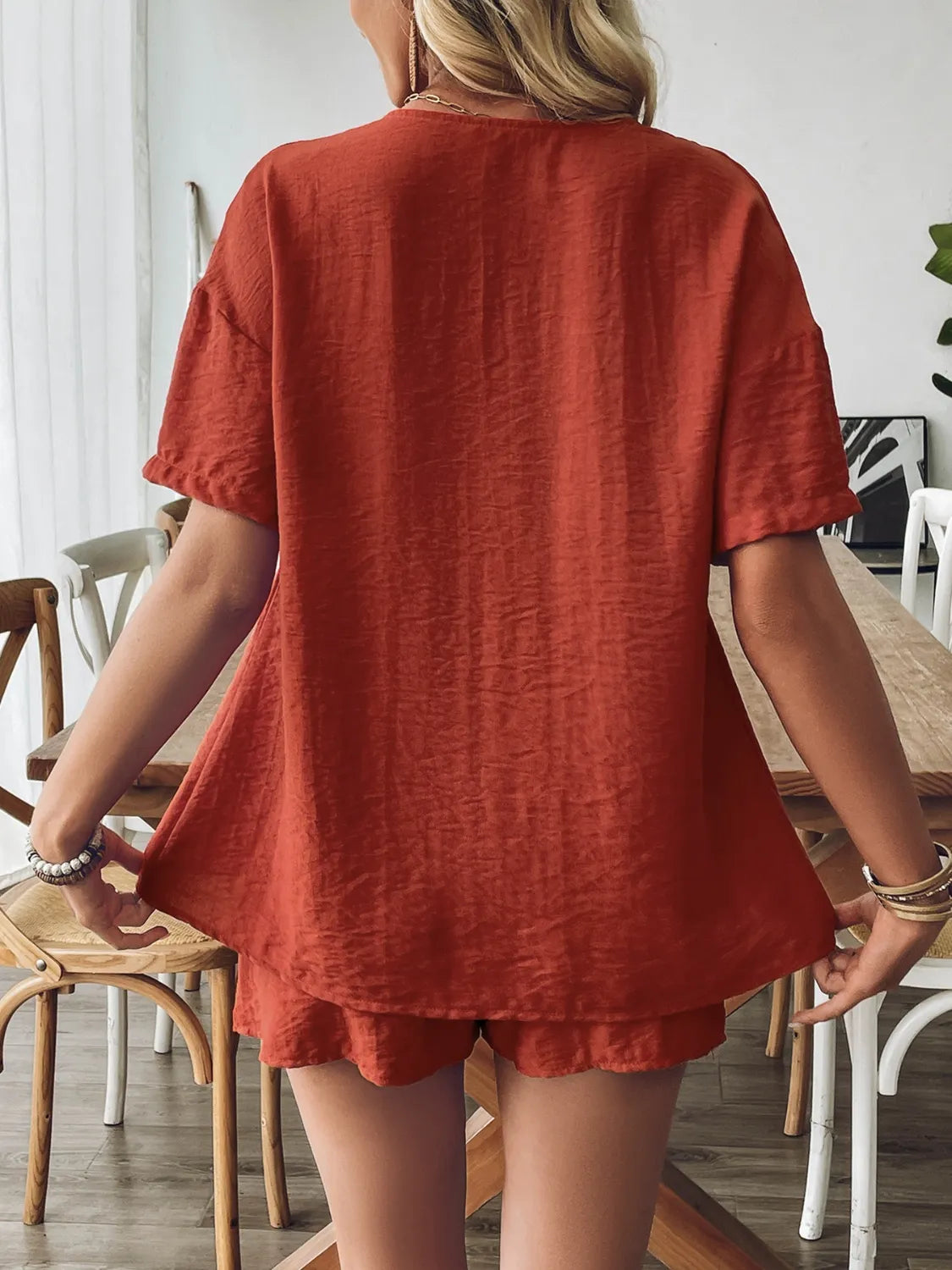 Tie Front Short Sleeve Top and Shorts Set - CHIC TB