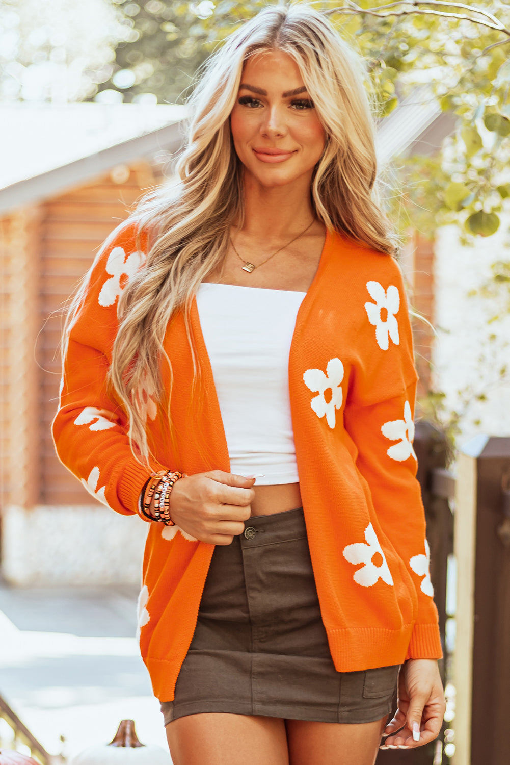 Orange Floral Print Knitted Open Front Loose Cardigan Dear-Lover Dropshipping